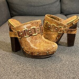 Vince Camuto Tan Crackle Mules with Gold Buckles